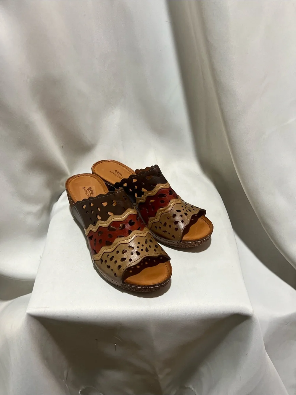 Spring Step Leather Cut Out Sandals Size 40 Brown Multicolor Comfort